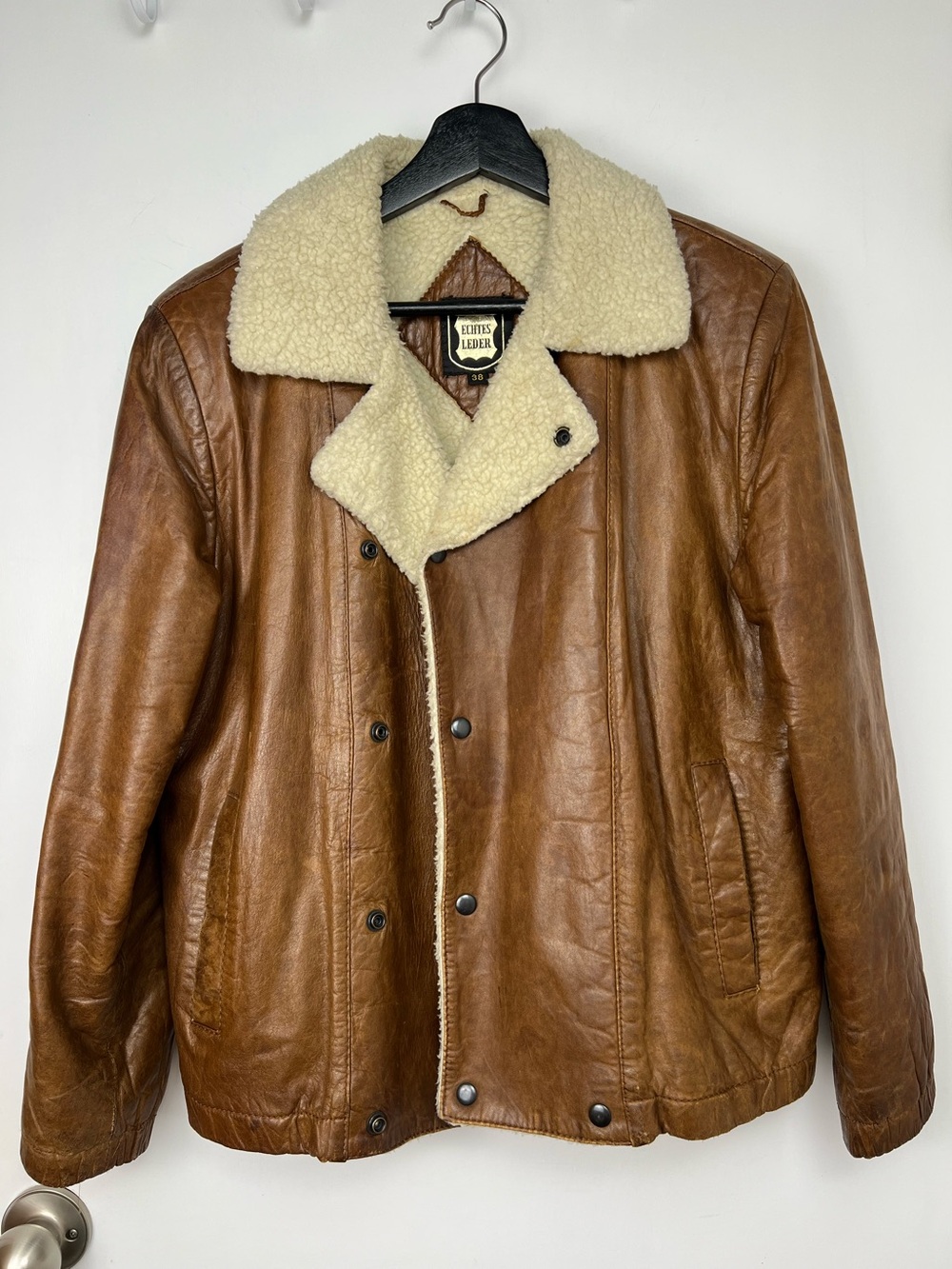 Etches Leder Vintage Faux Shearling Genuine Leather Moto Jacket sz M 6/8 Tan